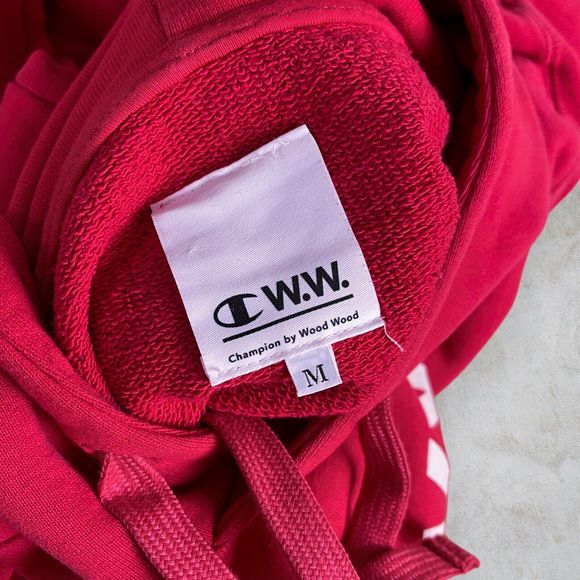 Champion by Wood Wood Hoodie Red Reverse Weave Heavyweight Mens Medium - Picture 5 of 5